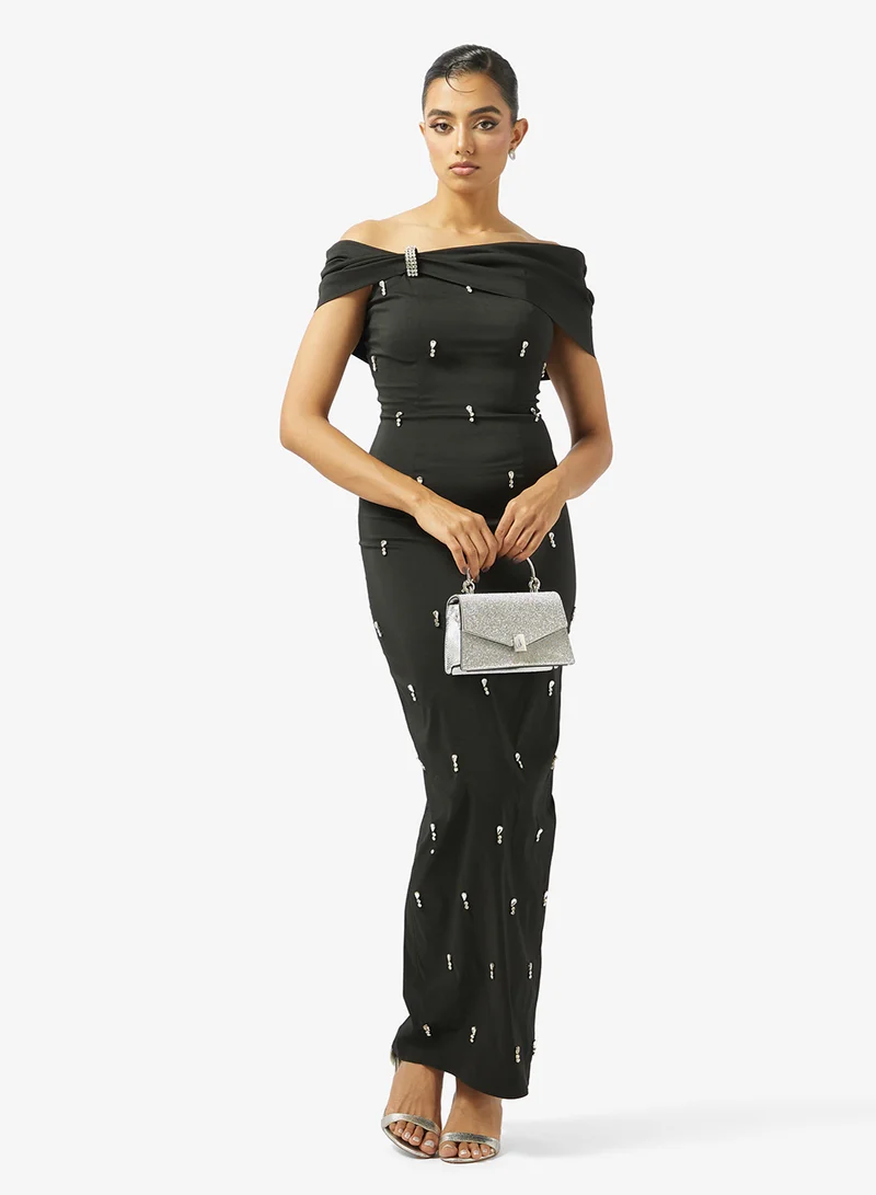Akadia Fashion  OFF SHOULDER SCATTERED CRYSTALS TAFFETA DRESS for Women | Best Price UAE